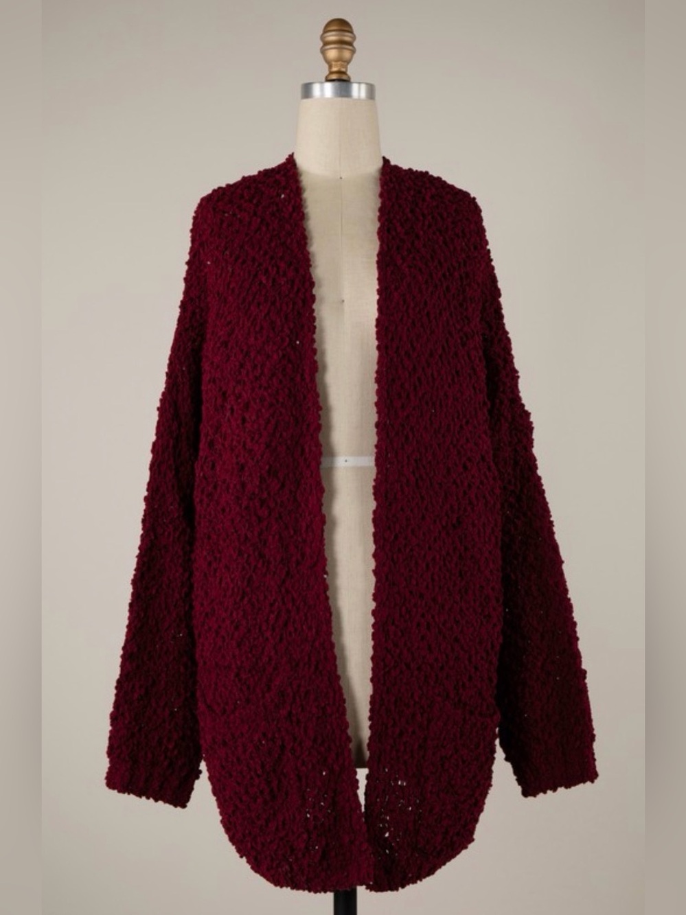 Cozy Open-Front Popcorn Chunky Knit Cardigan - Burgundy